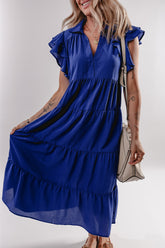 Ruffled Short Sleeve Collared V Neck Tiered Midi Dress OutfitFlow